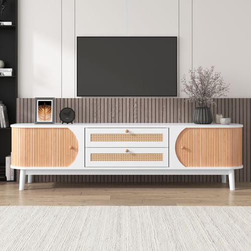 Meuble TV 170x39,5x46cm, 2 Tiroirs En Rotin, 2 Portes, Pieds En Bois, Mdf, Couleur Bois Et Blanc