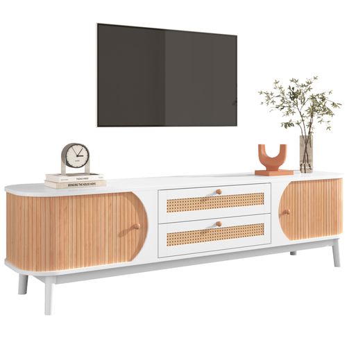 Meuble TV 170x39,5x46cm, 2 Tiroirs En Rotin, 2 Portes, Pieds En Bois, Mdf, Couleur Bois Et Blanc