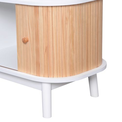 Meuble TV 170x39,5x46cm, 2 Tiroirs En Rotin, 2 Portes, Pieds En Bois, Mdf, Couleur Bois Et Blanc