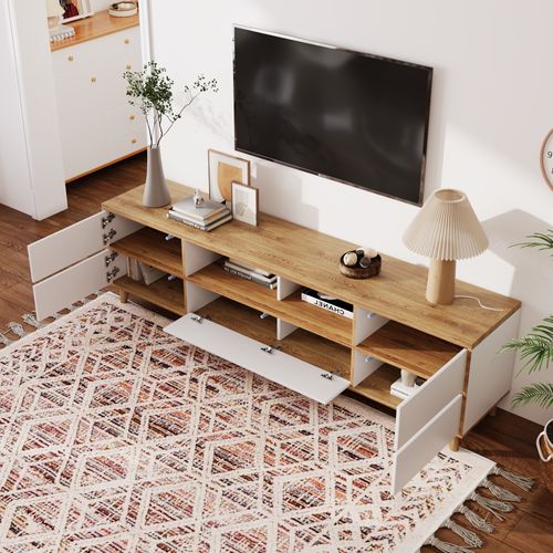Meuble TV 175x37x51cm, 5 Portes, Naturel, Pieds En Bois, Passe-câbles, Mdf, Couleur Bois+blanc