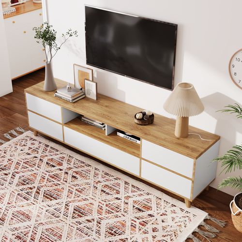 Meuble TV 175x37x51cm, 5 Portes, Naturel, Pieds En Bois, Passe-câbles, Mdf, Couleur Bois+blanc