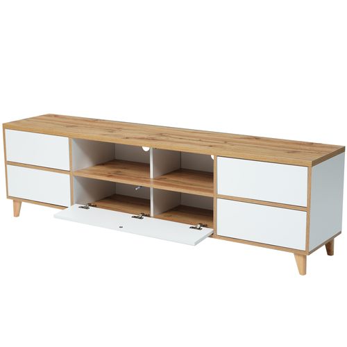 Meuble TV 175x37x51cm, 5 Portes, Naturel, Pieds En Bois, Passe-câbles, Mdf, Couleur Bois+blanc