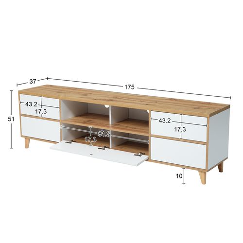 Meuble TV 175x37x51cm, 5 Portes, Naturel, Pieds En Bois, Passe-câbles, Mdf, Couleur Bois+blanc
