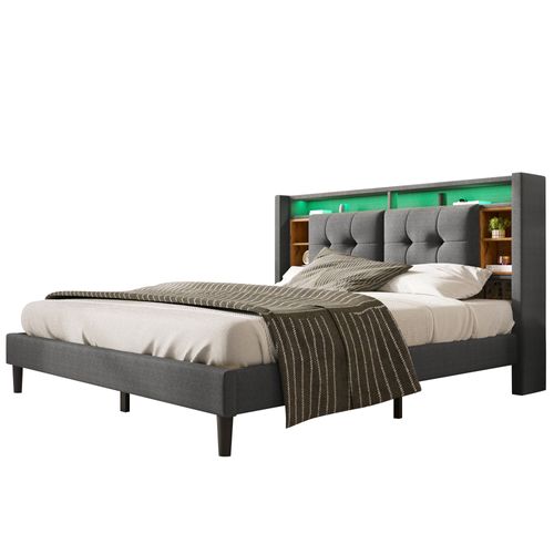 Lit Adulte 140*200cm, Lit Avec Rangement, 6 Niche, Charge Pratique, LED, Sommier à Lattes, Lin, Gris