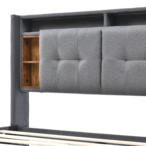 Lit Adulte 140*200cm, Lit Avec Rangement, 6 Niche, Charge Pratique, LED, Sommier à Lattes, Lin, Gris