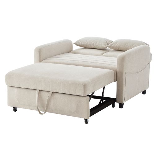 Canapé Pliant 2 Places Avec Dossier Réglable à 3 Niveaux Et Fonction Gigogne, En Lin De Coton Beige