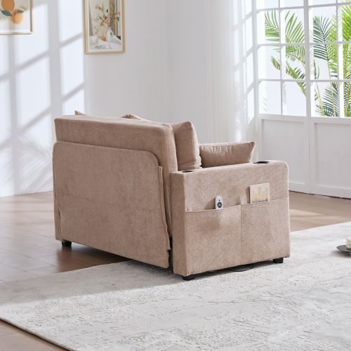 Canapé 2 Places, Canapé Pliant Avec Fonction Gigogne, Dossier Réglable, USB, Porte-gobelet, Marron