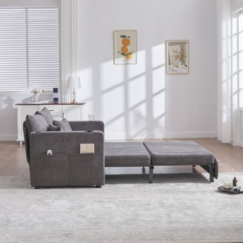 Canapé 2 Places, Canapé Pliant Gris Avec Fonction Gigogne, Dossier Réglable, USB, Porte-gobelet