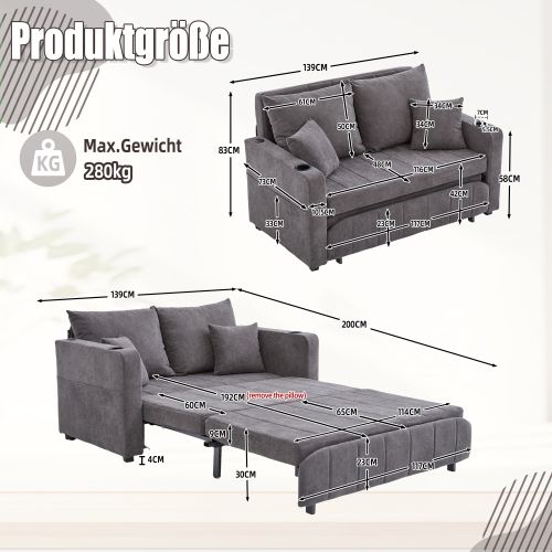 Canapé 2 Places, Canapé Pliant Gris Avec Fonction Gigogne, Dossier Réglable, USB, Porte-gobelet