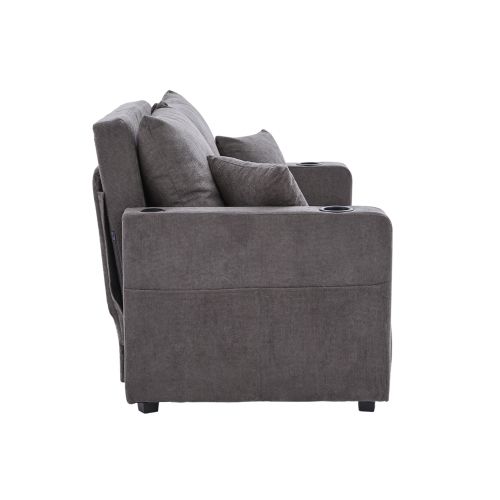 Canapé 2 Places, Canapé Pliant Gris Avec Fonction Gigogne, Dossier Réglable, USB, Porte-gobelet