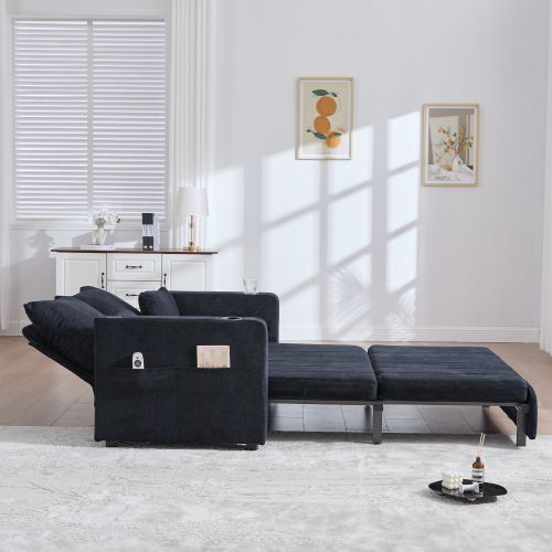 Canapé 2 Places, Canapé Pliant Noir Avec Fonction Gigogne, Dossier Réglable, USB, Porte-gobelet