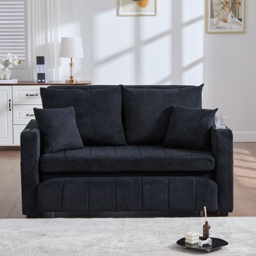 Canapé 2 Places, Canapé Pliant Noir Avec Fonction Gigogne, Dossier Réglable, USB, Porte-gobelet