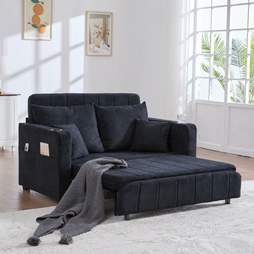 Canapé 2 Places, Canapé Pliant Noir Avec Fonction Gigogne, Dossier Réglable, USB, Porte-gobelet