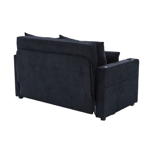 Canapé 2 Places, Canapé Pliant Noir Avec Fonction Gigogne, Dossier Réglable, USB, Porte-gobelet