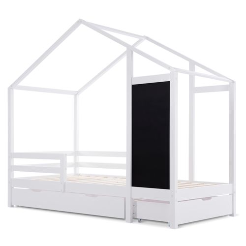 Lit Cabane 90x200cm, Lit Enfant, 2 Tiroir, Tableau Noir, Barrière Aux Coin Arrondi, Pin, Mdf, Blanc