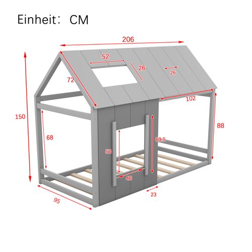 Lit Cabane90x200cm, Lit Enfant Ouvert, Toit, Fenêtre, Forme De Maison, Pin, Mdf, Gris Foncé Et Clair