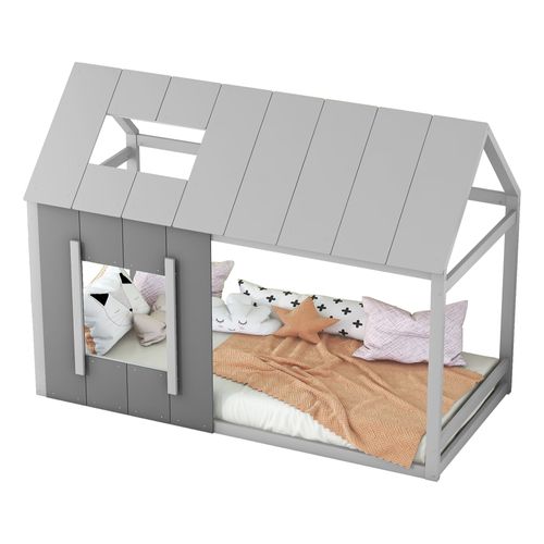 Lit Cabane90x200cm, Lit Enfant Ouvert, Toit, Fenêtre, Forme De Maison, Pin, Mdf, Gris Foncé Et Clair
