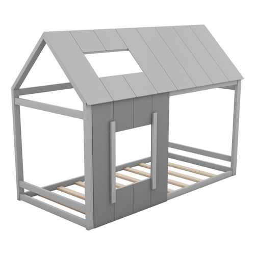 Lit Cabane90x200cm, Lit Enfant Ouvert, Toit, Fenêtre, Forme De Maison, Pin, Mdf, Gris Foncé Et Clair