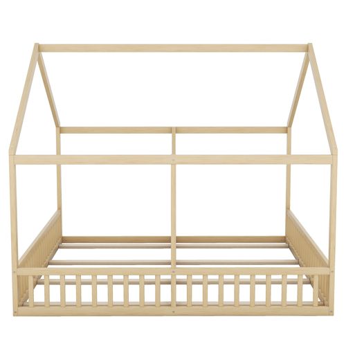 Lit Cabane 90x200cm, Lit Enfant 2 En 1, Forme De Maison, Toit, Barrière, Pin, Mdf, Couleur Bois