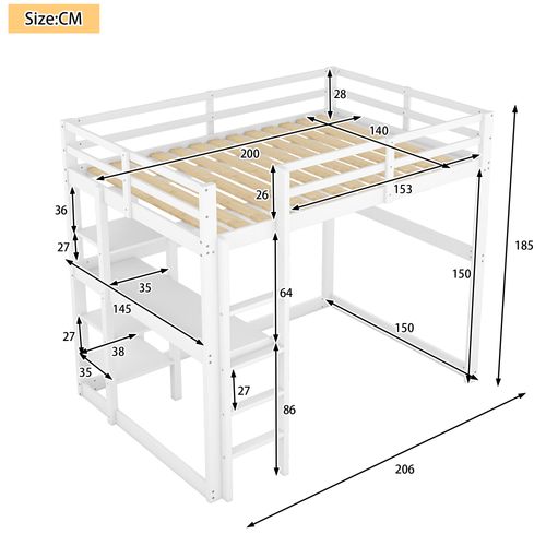 Lit Mezzanine 140x200cm, Lit Avec Bureau, 4 Étagères De Rangement, Escalier, En Pin, Mdf, Blanc