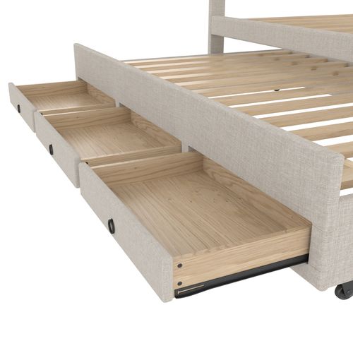 Lit Gigogne 140x200cm, Lit De Rangement 2-en-1, 3 Tiroirs, Tête De Lit Réglable, Lin Et Mdf, Beige