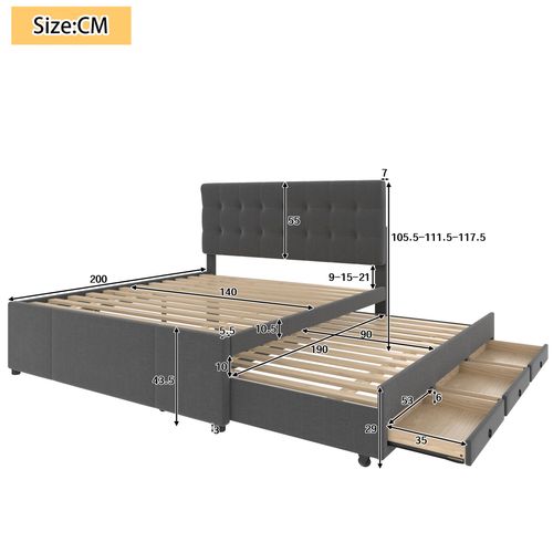 Lit Gigogne 2-en-1 140x200cm, Lit De Rangement, Tête De Lit Réglable, 3 Tiroirs, Lin Et Mdf, Gris