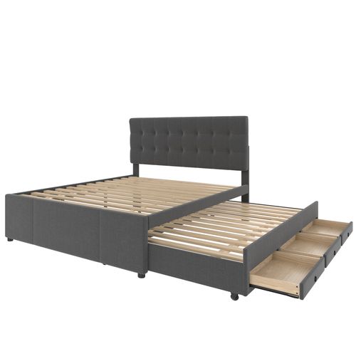 Lit Gigogne 2-en-1 140x200cm, Lit De Rangement, Tête De Lit Réglable, 3 Tiroirs, Lin Et Mdf, Gris