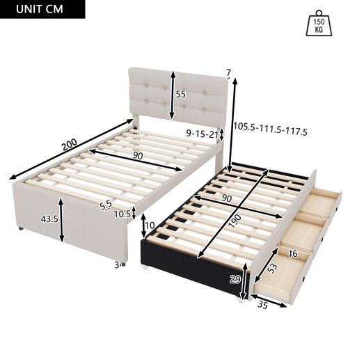 Lit Gigogne 90x200cm(90x190cm), Lit De Rangement, Tête De Lit Réglable, 3 Tiroirs, Lin Et Mdf, Beige