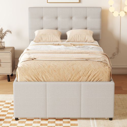 Lit Gigogne 90x200cm(90x190cm), Lit De Rangement, Tête De Lit Réglable, 3 Tiroirs, Lin Et Mdf, Beige