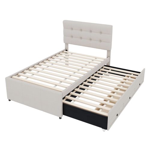 Lit Gigogne 90x200cm(90x190cm), Lit De Rangement, Tête De Lit Réglable, 3 Tiroirs, Lin Et Mdf, Beige