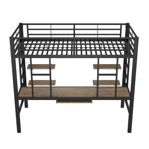 Lit Mezzanine 90x200cm, Lit Avec Table, Tablette Coulissant, Étagère, 2 Échelle, Barrière, Fer, Mdf