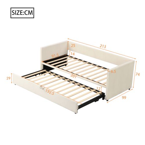 Lit Gigogne 90/180*200cm, Lit 2-en-1, Sommier, Dossier Doux, 2 Accoudoirs, En Velours Et Mdf, Beige