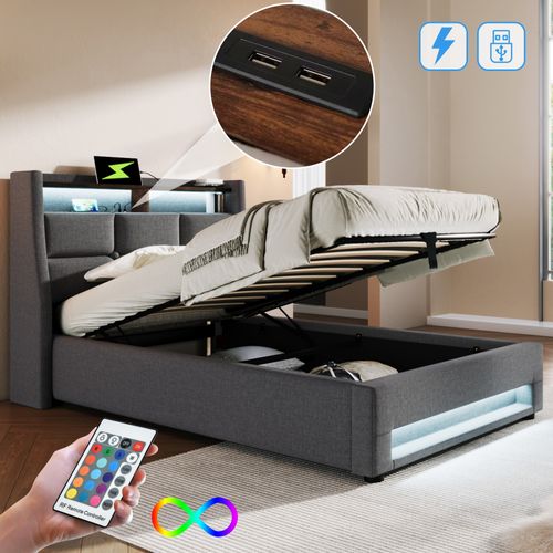 Lit Coffre Simple 90 X 200 Cm Avec Port USB, Sommier à Lattes En Métal, LED, Bois Et Lin, Gris
