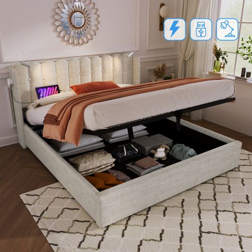 Lit Coffre Double 160x200 Cm, Lampe De Lecture Avec Fonction De Charge USB, Rangement, Lin Naturel