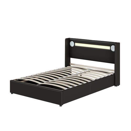 Lit Coffre Double 140x200 Cm, LED, Lecteur Bluetooth Et Chargement USB, Sommier à Lattes, Pu Noir