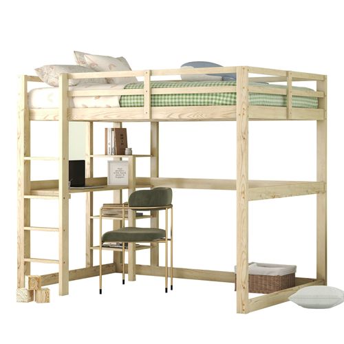 Lit Mezzanine Enfant 140 X 200 Cm Avec Rangement, 4 Compartiments Et 1 Plateau Bureau, Pin Naturel