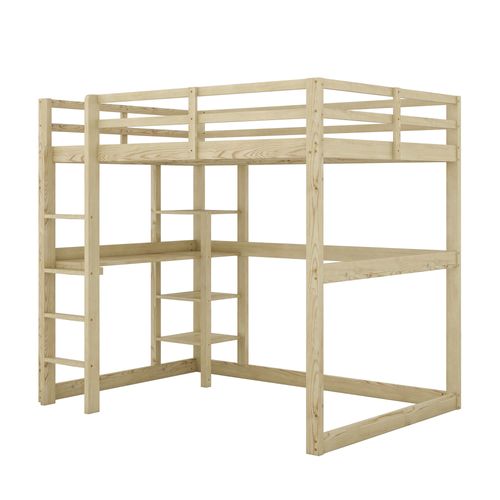 Lit Mezzanine Enfant 140 X 200 Cm Avec Rangement, 4 Compartiments Et 1 Plateau Bureau, Pin Naturel