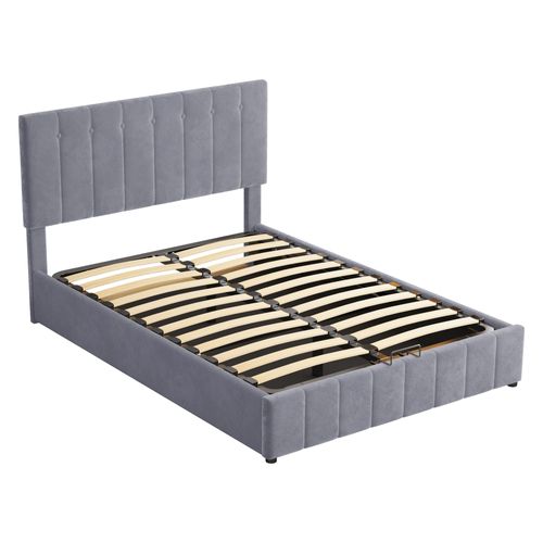 Lit Coffre Double 140x200, Tête De Lit Réglable, Sommier à Lattes, Velours Gris