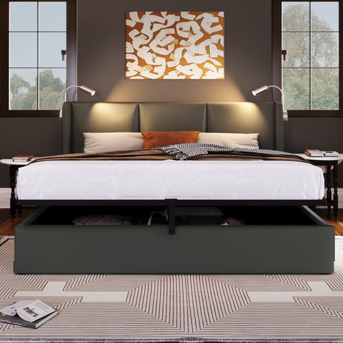 Lit Coffre Double 160x200 Cm, Rangement, Lampe De Lecture Avec Fonction De Charge, Pu Gris