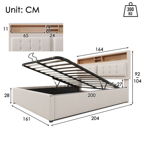 Lit Coffre, Lit Adulte 160x200 Cm Avec Prise USB Et Tête De Lit - Lit Double, Lin, Beige