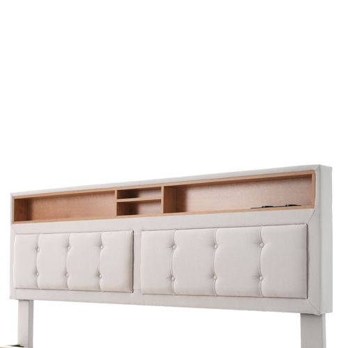 Lit Coffre, Lit Adulte 160x200 Cm Avec Prise USB Et Tête De Lit - Lit Double, Lin, Beige