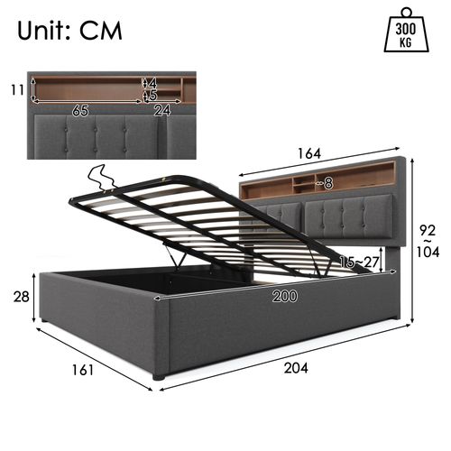Lit Adulte Lit Double 160x200 Cm Avec Prise USB, Tête De Lit De Rangement Et Sommier, Lin Gris