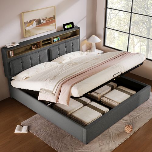 Lit Adulte Lit Double 160x200 Cm Avec Prise USB, Tête De Lit De Rangement Et Sommier, Lin Gris