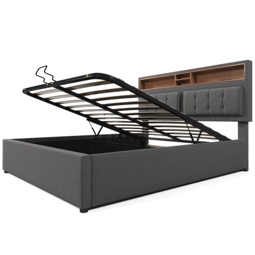 Lit Adulte Lit Double 160x200 Cm Avec Prise USB, Tête De Lit De Rangement Et Sommier, Lin Gris