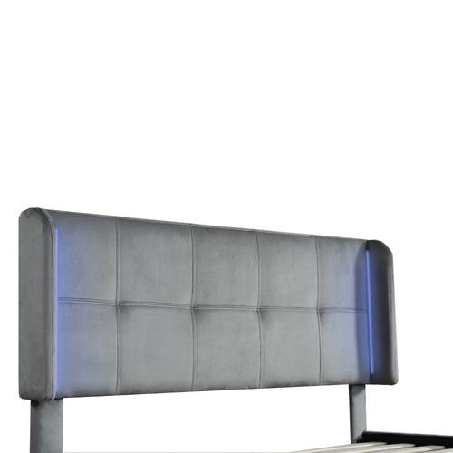 Lit Double 140x200 Cm, Tête Matelassés, Bande LED 16 Couleurs Sur Les Côtés, Velours Gris