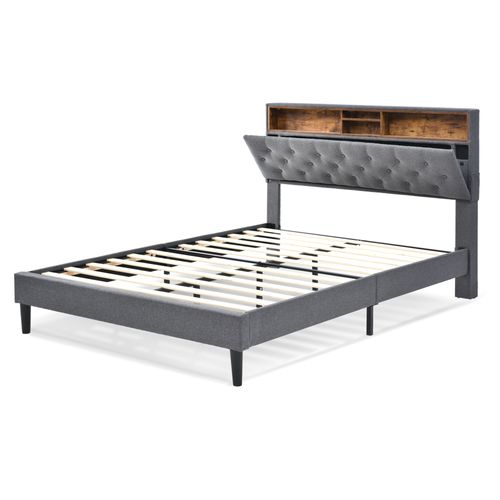 Lit Double Lit Coffre 140x200 Cm Avec Tête De Lit Et Rangement, LED, Bois, Gris