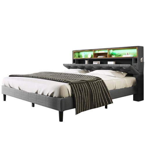 Lit Double Lit Coffre 140x200 Cm Avec Tête De Lit Et Rangement, LED, Bois, Gris