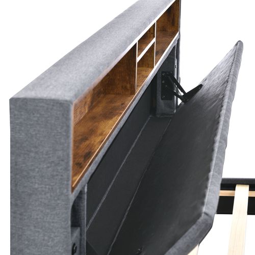 Lit Double Lit Coffre 140x200 Cm Avec Tête De Lit Et Rangement, LED, Bois, Gris