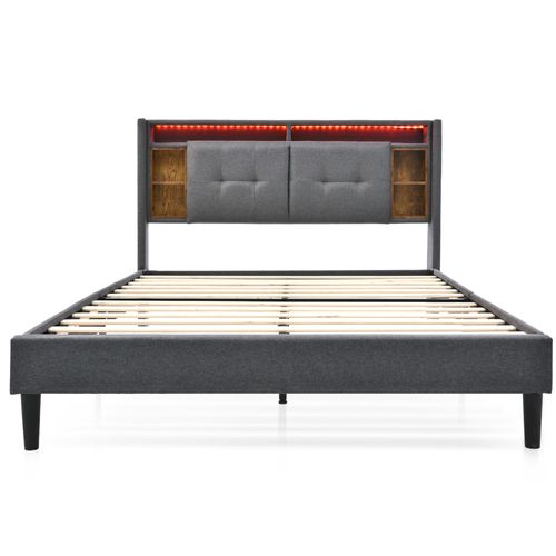 Lit Double Lit Adulte 160x200 Cm, Tête De Lit Avec Rangement, USB, LED, Bois, Gris