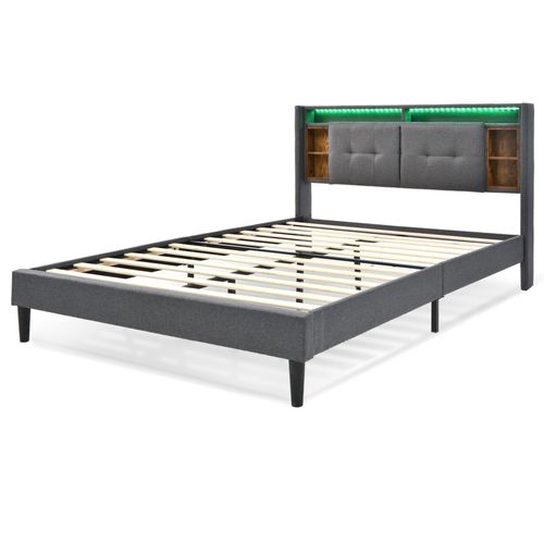 Lit Double Lit Adulte 160x200 Cm, Tête De Lit Avec Rangement, USB, LED, Bois, Gris
